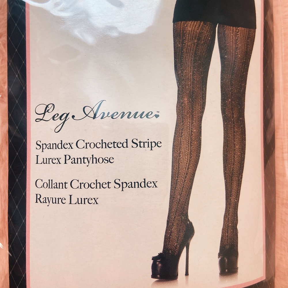 ❤️NWT LEG AVENUE SPANDEX CROCHETED STRIPE LUREX PANTYHOSE BLACK SPARKLE GORGEOUS